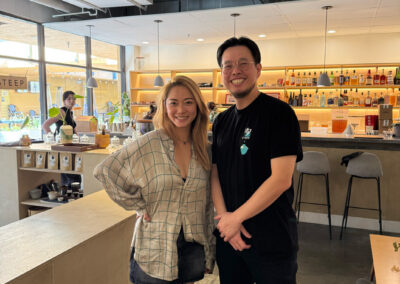 Samuel Wang and Lydia Lin of Steep LA standing and smiling for camera at their tea house